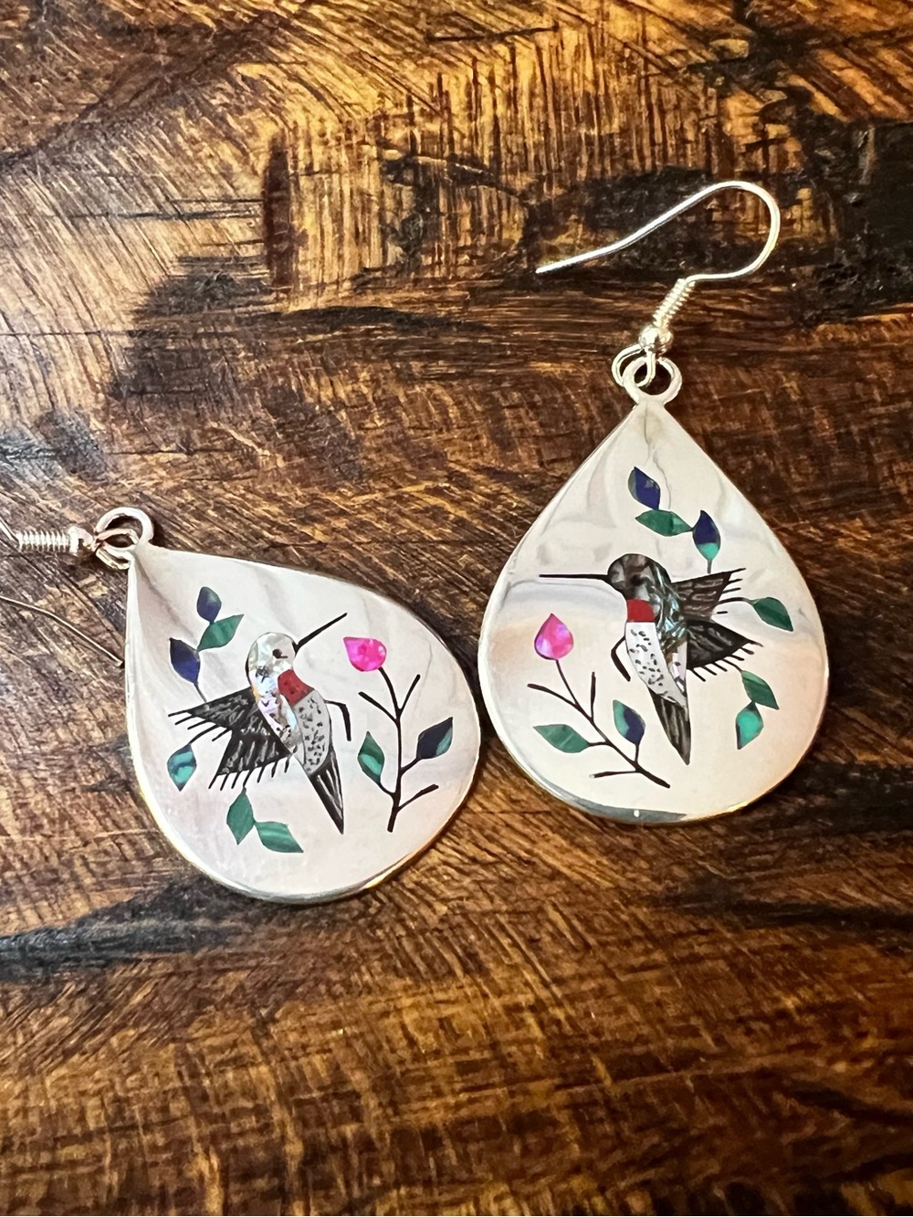Silver Hummingbird Teardrop Earrings - Floral Inlay